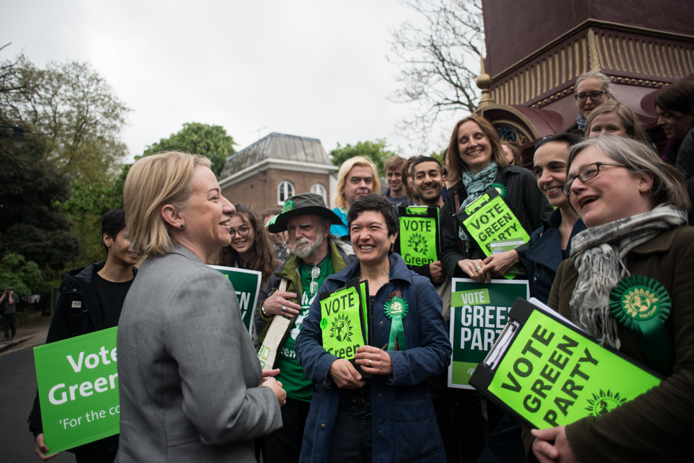 Green Party Leader Natalie Bennett with volunteers and London Assembly Member Caroline Russell at Highbury Clock, Islington